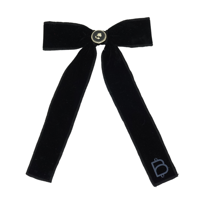 Rich Velvet Embellished Black Bow Button Large Bow Clip (Long)