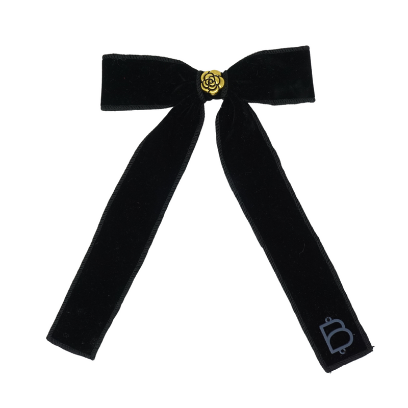 Rich Velvet Embellished Gold Flower Large Bow Clip (Long)