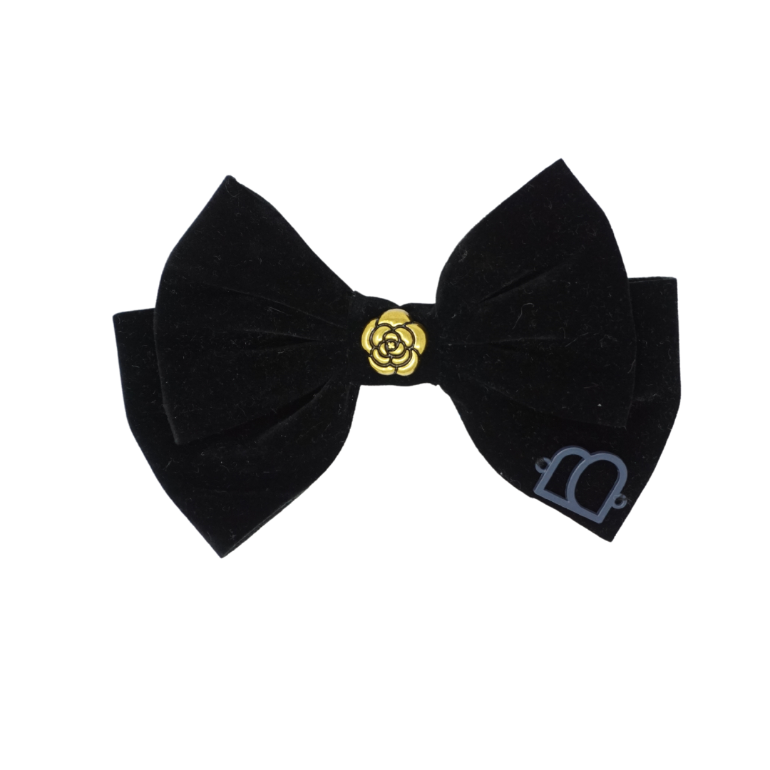 Rich Velvet Embellished Gold Flower Wide Large Bow Clip