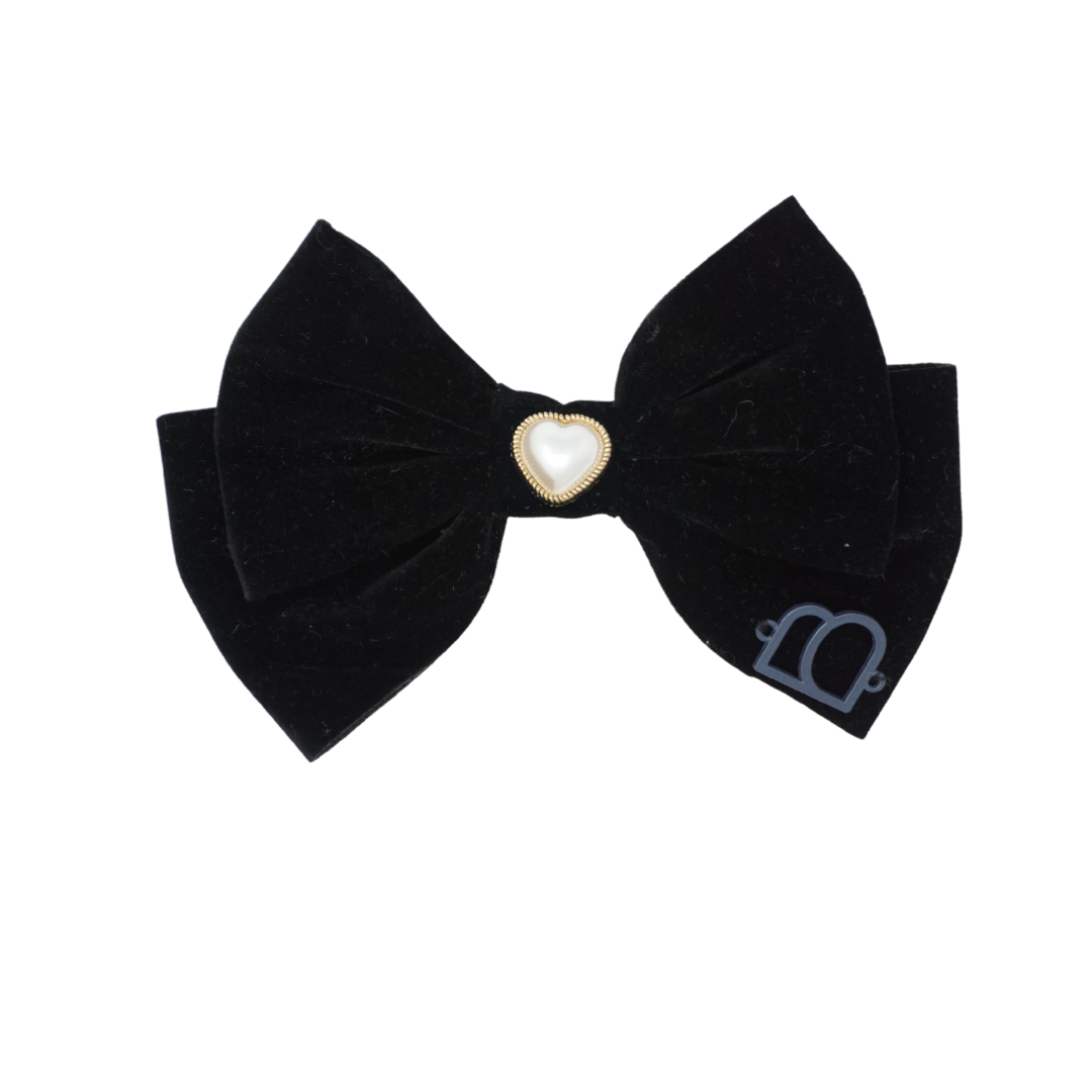 Rich Velvet Embellished Gold Pearl Heart Wide Large Bow Clip