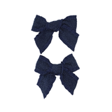 Ruffle Herringbone Mini Bow Clip Set - Navy