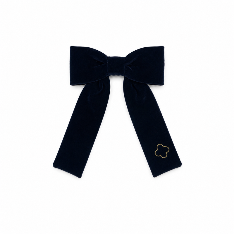 Velvet Gold Embroidered Medium Bow Clip - Navy