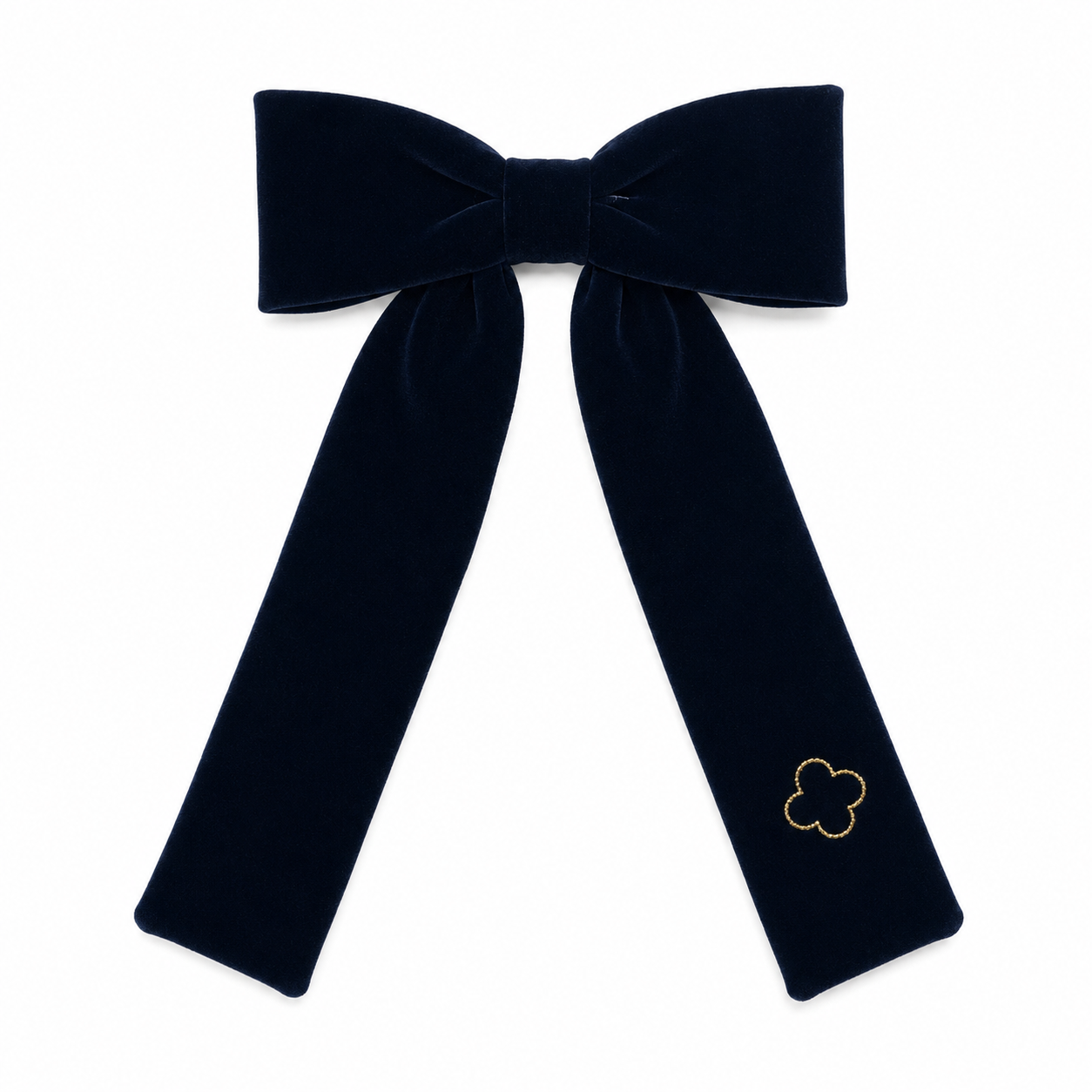 Velvet Gold Embroidered Large Bow Clip - Navy