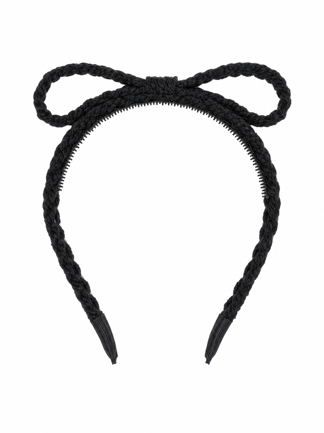 Textured Woolen Braid Bow Headband - Black