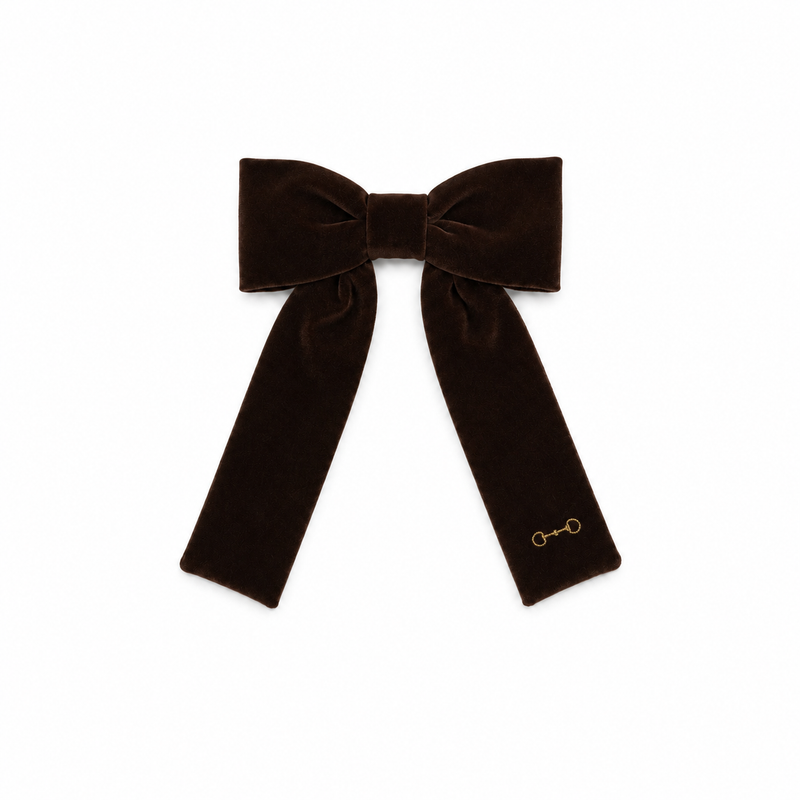 Velvet Gold Embroidered Medium Bow Clip - Brown
