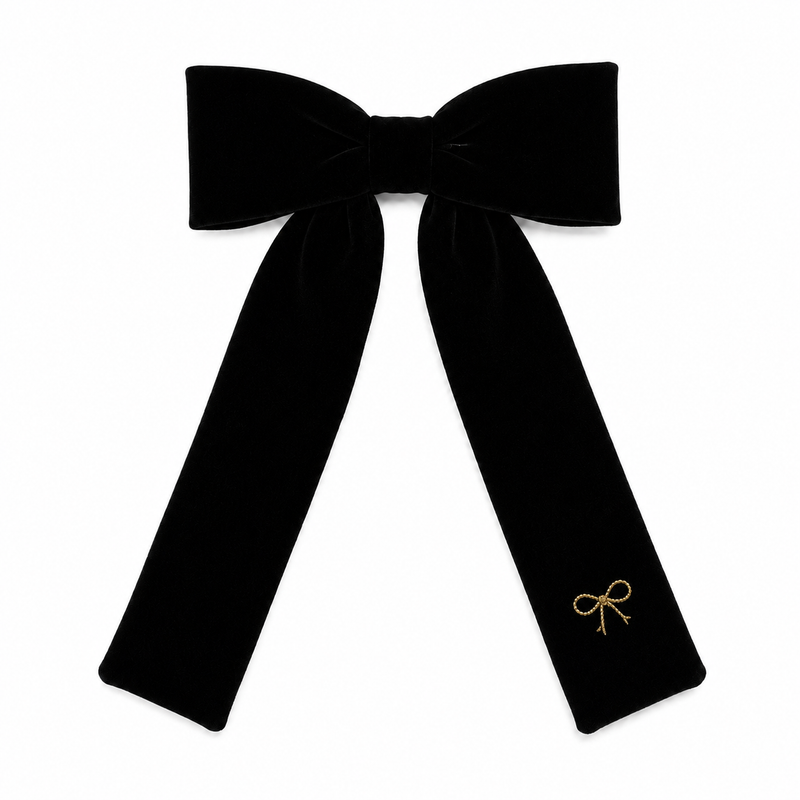 Velvet Gold Embroidered Large Bow Clip - Black