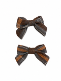 Plaids Mini Bow Clip Set - Gray/ Brown