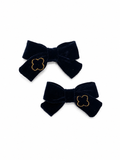 Velvet Gold Embroidered Mini Bow Clip Set - Navy