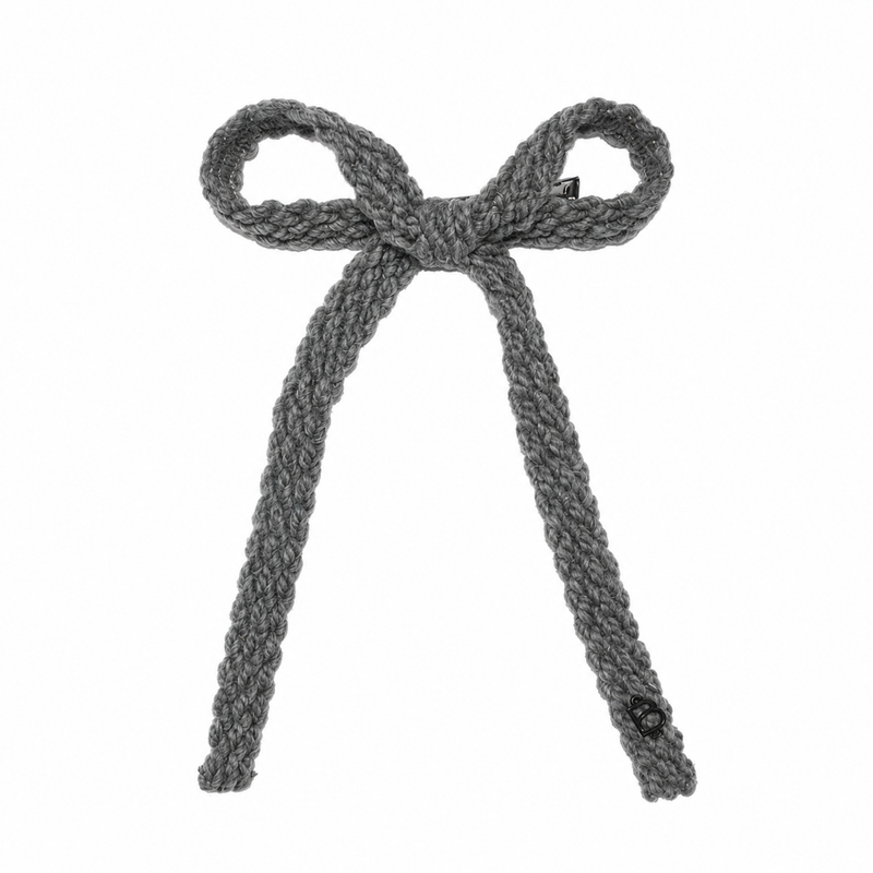 Textured Woolen Braid Large Bow Clip - Gray