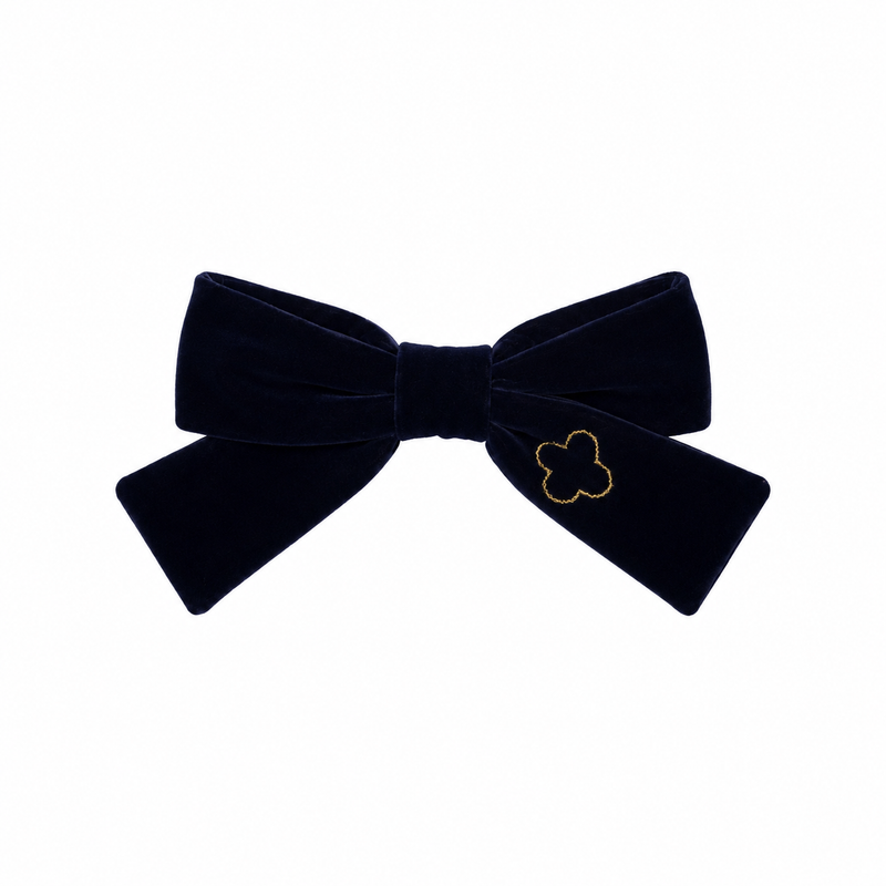 Velvet Gold Embroidered Small Bow Clip - Navy