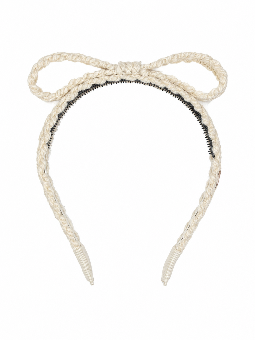 Textured Woolen Braid Bow Headband - Cream