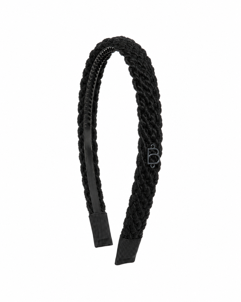Textured Woolen Braid Thin Flat Headband - Black