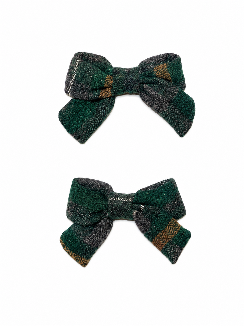 Plaids Mini Bow Clip Set - Green/ Gray