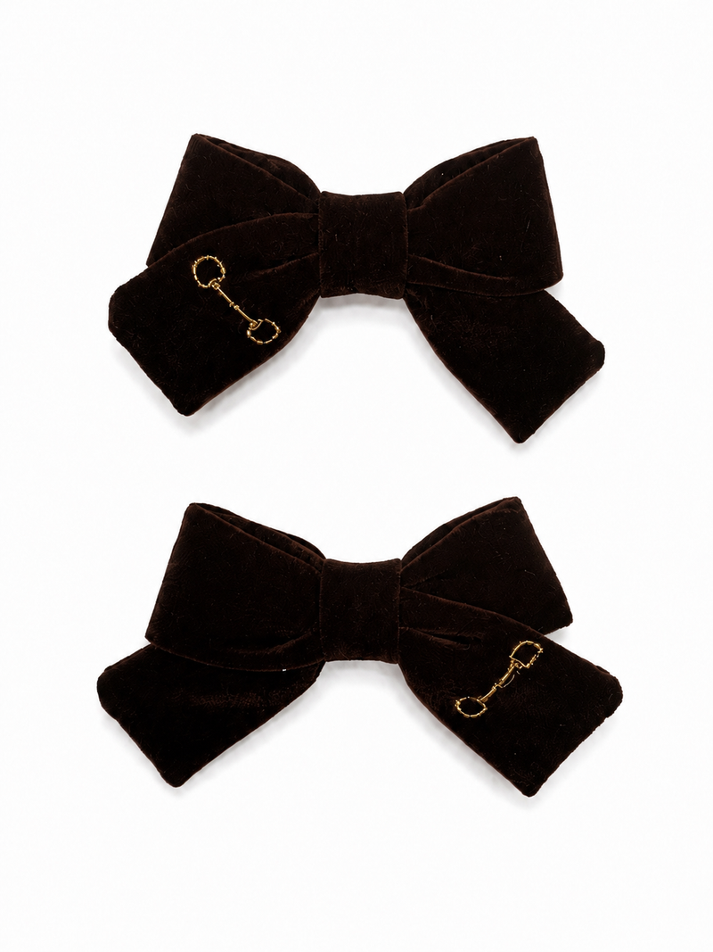 Velvet Gold Embroidered Mini Bow Clip Set - Brown