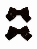 Velvet Gold Embroidered Mini Bow Clip Set - Brown