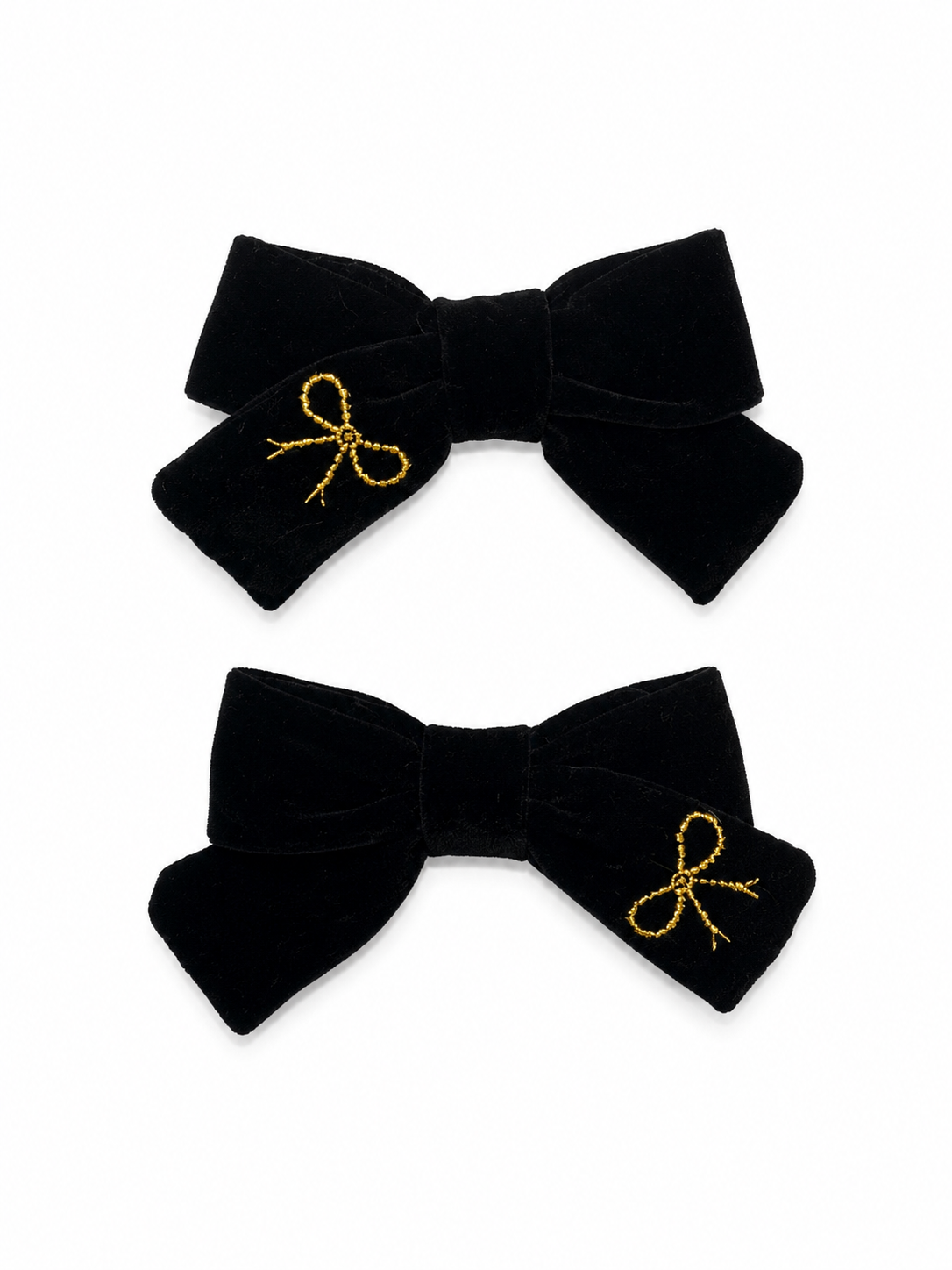 Velvet Gold Embroidered Mini Bow Clip Set - Black