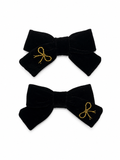 Velvet Gold Embroidered Mini Bow Clip Set - Black
