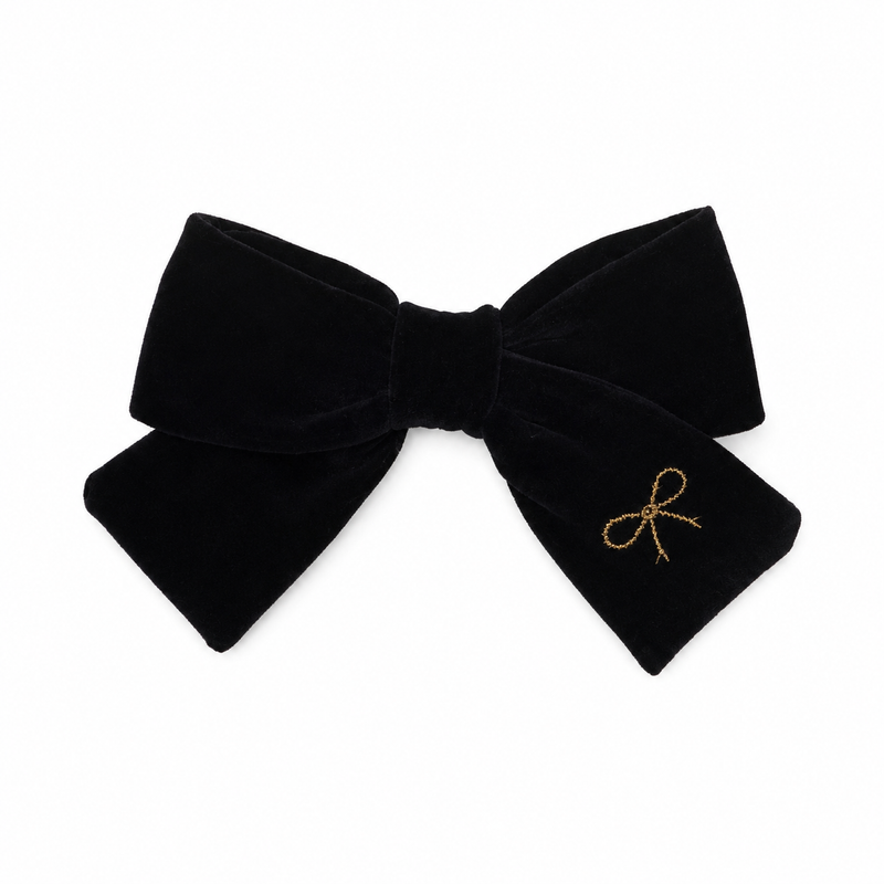 Velvet Gold Embroidered Small Bow Clip - Black